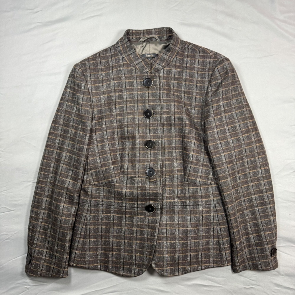 Zanella Plaid Blazer Silk Blend Womens 6 Structured Brown Luxury Academia